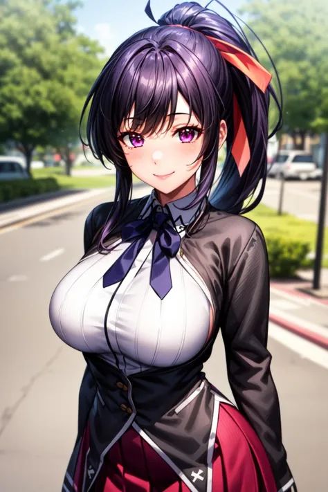 best quality, masterpiece, 1girl, (solo:1.1), raytracing, ultra detailed,detailed face, 8k wallpaper, wide hips, <lora:more_details:0.5>, smile, HimejimaAkenoNDV, 1girl, black hair, large breasts, very long hair, purple eyes, red skirt, school uniform, shirt, corset, ponytail, hair ribbon, ribbon, outdoor, <lora:HimejimaAkeno_NDV:0.7>