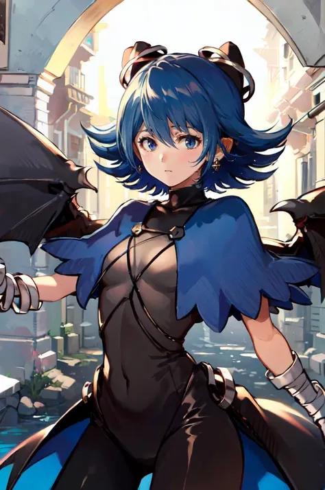 <lora:nishizawa_style_v01:1> <lora:RtPL-Serene:1> serene_\(riviera\), blue_capelet, white_coat, black_bodysuit, black_headwear, bandages, short_hair,, ultra detailed, masterpiece, best quality,