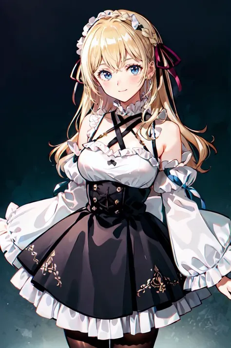 <lora:nishizawa_style_v01:1> white and blue theme,, ultra detailed, masterpiece, best quality,, solo, soft smile, light smile,
1girl, blue eyes, very long hair, blonde hair, long blonde hair, french braid, bangs, medium breasts,, hair ribbon, frilled choker, criss-cross halter, sleeveless dress, high-waist skirt, backless dress, waist bow, detached sleeves, frilled sleeves, wide sleeves, pantyhose, patterned legwear, mary janes,