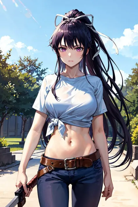 masterpiece, best quality, highres, 1girl, solo, sheathed, asymmetrical clothes, navel, purple eyes, very long hair, tied shirt, midriff, hair ribbon, single pantsleg, white shirt, ponytail, black hair, large breasts, jeans, white ribbon, brown belt, purple hair, asymmetrical legwear, <lora:kanzaki_kaori_v1:0.6>,outdoors, cowboy shot, sword, weapon,