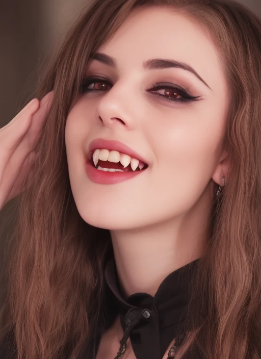 adorable Swedish (vampire girl:1.1) with (sharp pointed fangs:1.1), smiling, closeup, headshot