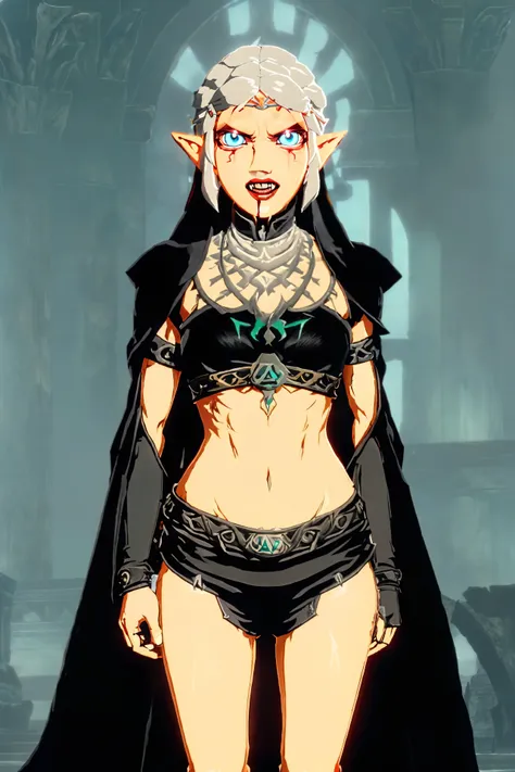 (botw style:1), vampire woman, ((wearing black cloak)), showing fangs, [blood dripping down face], (detailed face), ((long white hair)), (OOKZAVampire Style:0.95), standing in front of ancient ruins