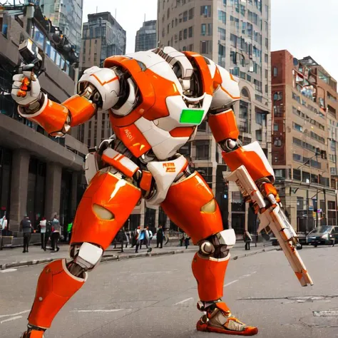 A realistic photograph of a 3d robot in a modern city. A glossy white and orange robot.