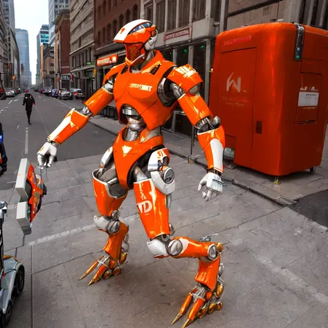 A realistic photograph of a 3d robot in a modern city. A glossy white and orange robot.