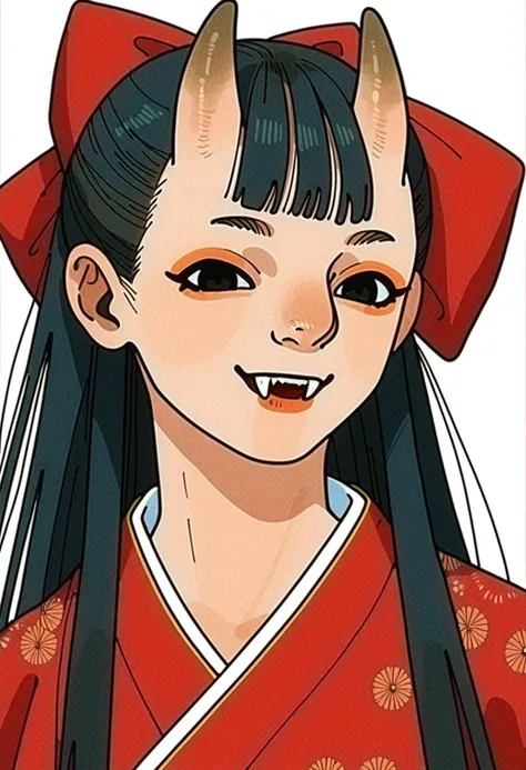 score_9_up score_8_up score_7_up, ogre, portrait, 1girl, solo, black hair, japanese clothes, black eyes, white background, simple background, kimono, looking at viewer, fangs, long hair, smile, red kimono, hair bow, bow, bangs
<lora:dungeon_meshi_races_pony7_d16:1>