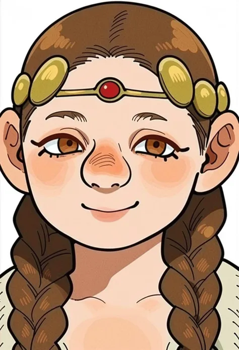 score_9_up score_8_up score_7_up, dwarf, portrait, solo, 1girl, braid, twin braids, smile, brown eyes, brown hair, blush, white background, simple background, long hair, looking at viewer, headband, circlet
<lora:dungeon_meshi_races_pony7_d16:1>