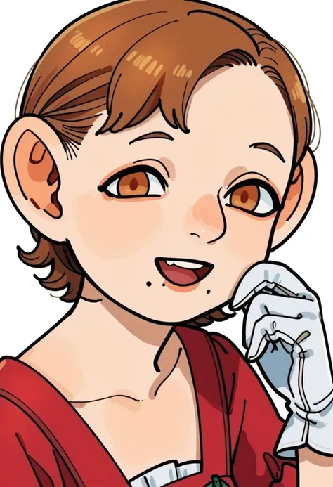 score_9_up score_8_up score_7_up, half-foot, portrait, 1girl, solo, mole, mole under mouth, brown eyes, white background, simple background, smile, open mouth, looking at viewer, upper body, short hair, brown hair, gloves, dress, collarbone, white gloves
<lora:dungeon_meshi_races_pony7_d16:1>