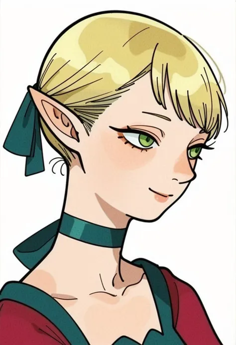 score_9_up score_8_up score_7_up, elf, portrait, 1girl, solo, blonde hair, white background, green eyes, choker, simple background, profile, ribbon, collarbone, smile, short hair, dress
<lora:dungeon_meshi_races_pony7_d16:1>