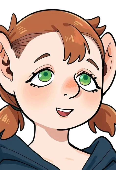 score_9_up score_8_up score_7_up, gnome, portrait, 1girl, solo, brown hair, white background, simple background, twintails, green eyes, looking up, hood, smile, hood down, open mouth, blush, short twintails, upper body
<lora:dungeon_meshi_races_pony7_d16:1>