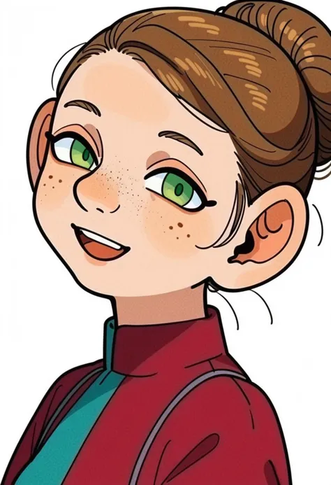 score_9_up score_8_up score_7_up, half-foot, portrait, 1girl, solo, green eyes, white background, simple background, freckles, looking at viewer, brown hair, open mouth, hair bun, single hair bun, upper body, smile, shirt, long sleeves, from side
<lora:dungeon_meshi_races_pony7_d16:1>