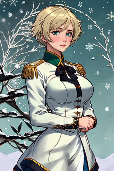 ultra detailed, sharp focus, best quality, masterpiece, <lora:NSUkraineHetalia:1> NSUkraineHetalia, short hair  <lora:edgElegant:1> edgElegant, epaulettes, wearing green edgElegant, best quality, dynamic lighting, masterpiece, intricate details, winter background, snow