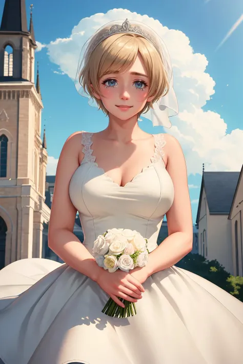 ultra detailed, sharp focus, best quality, masterpiece, <lora:NSUkraineHetalia:1> NSUkraineHetalia, short hair, 1girl, wedding gown, tears, wide smile, pov, looking at the viewer, sleeveless, bridal veil, church background, outdoors, masterpiece, intricate details,