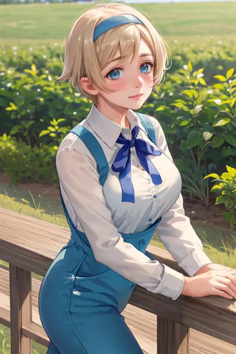 ultra detailed, sharp focus, best quality, masterpiece, <lora:NSUkraineHetalia:1> NSUkraineHetalia, short hair, 1girl, blue overalls, blue ribbon, necktie, white collared shirt, side view, hairband, farm background, blush, slight smile, masterpiece, intricate details,