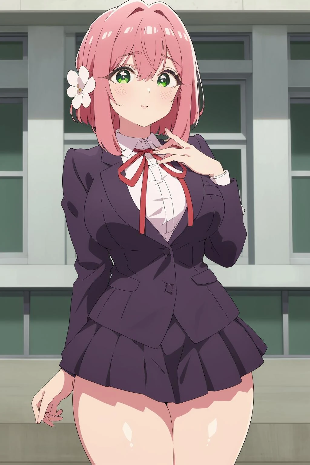 standing,white panties,arm under breasts,
<lora:è±åç¾½é¦é1V:0.7>,è±åç¾½é¦é,1girl,solo,hair flower,pink hair,hair ornament,bangs,hair between eyes,green eyes,bright pupils,hair intakes,short hair,sidelocks,white flower,
school uniform,collared shirt,red ribbon,neck ribbon,white shirt,purple jacket,large breasts,shirt,long sleeves,pleated skirt,miniskirt,purple skirt,thick thighs,, Exquisite visuals, high-definition,masterpiece,best quality,, 18yo,Young female,Beautiful Fingers,Beautiful long legs,Beautiful body,Beautiful Nose,Beautiful character design, perfect eyes, perfect face,expressive eyes,
looking at viewer,
official art,extremely detailed CG unity 8k wallpaper, perfect lighting,Colorful, Bright_Front_face_Lighting,shiny skin,
(masterpiece:1.0),(best_quality:1.0), ultra high res,4K,ultra-detailed,
photography, 8K, HDR, highres, absurdres:1.2, Kodak portra 400, film grain, blurry background, bokeh:1.2, lens flare, (vibrant_color:1.2), (beautiful_face:1.5),(narrow_waist), ,NSFW,