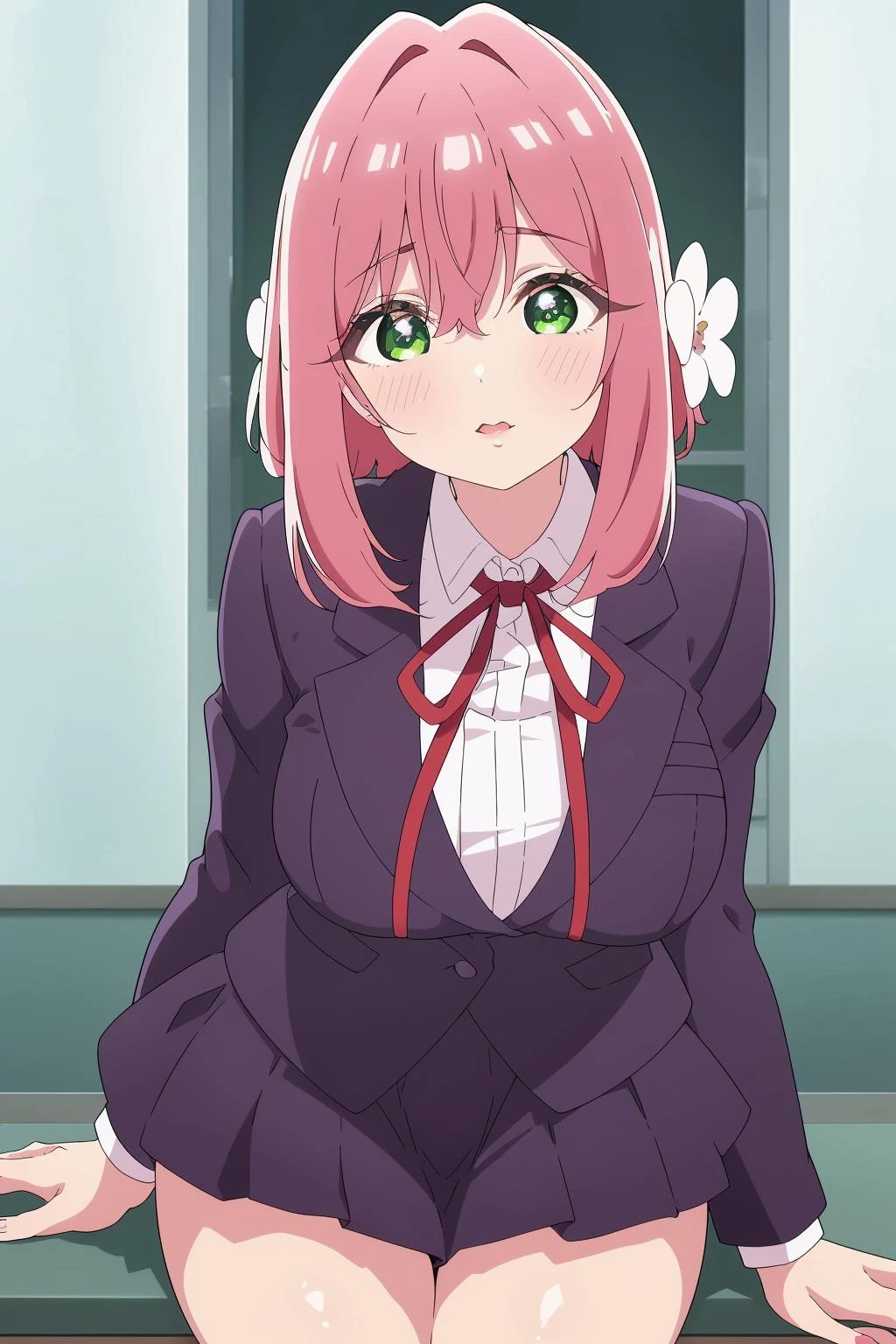 <lora:è±åç¾½é¦é1V:0.8>,è±åç¾½é¦é,1girl,solo,hair flower,pink hair,hair ornament,bangs,hair between eyes,green eyes,bright pupils,hair intakes,short hair,sidelocks,white flower,
school uniform,collared shirt,red ribbon,neck ribbon,white shirt,purple jacket,large breasts,shirt,long sleeves,pleated skirt,miniskirt,purple skirt,thick thighs,, Exquisite visuals, high-definition,masterpiece,best quality,, 18yo,Young female,Beautiful Fingers,Beautiful long legs,Beautiful body,Beautiful Nose,Beautiful character design, perfect eyes, perfect face,expressive eyes,
looking at viewer,
official art,extremely detailed CG unity 8k wallpaper, perfect lighting,Colorful, Bright_Front_face_Lighting,shiny skin,
(masterpiece:1.0),(best_quality:1.0), ultra high res,4K,ultra-detailed,
photography, 8K, HDR, highres, absurdres:1.2, Kodak portra 400, film grain, blurry background, bokeh:1.2, lens flare, (vibrant_color:1.2), (beautiful_face:1.5),(narrow_waist), ,NSFW,