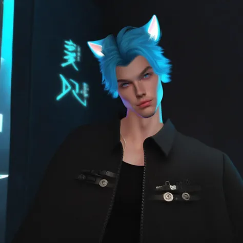 vpzdxizz, 1boy, Kristoff O'hanlon, solo, solo focus, looking at viewer, short hair, bangs, blue eyes, black hair, animal ears, jewelry, blue hair, jacket, open clothes, open jacket, black jacket, holding a photo , cinematic lighting, neon rim lighting, side lighting, rembrandt lighting, cinematic angle, masterpiece, best quality ,