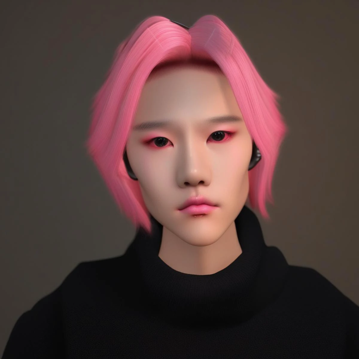 vpzdxizz, 1boy, genderless, mature, asian, solo, lipstick, pink hair, makeup, sweater, upper body, realistic, portrait, cinematic lighting, cinematic angle, best quality, masterpiece