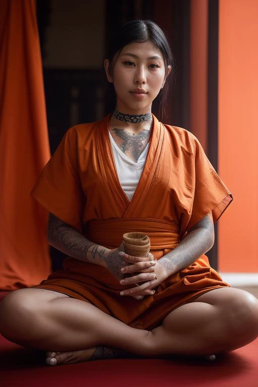 DEN_mia_bigcatmia,
(a Buddhist monk sitting outside and meditating in a Buddhist monastery wearing orange Buddhist robes, Buddhist, tranquillity, peace:1.2),
bokeh, f1.4, 40mm, photorealistic, raw, 8k, textured skin, skin pores, intricate details <lora:epi_noiseoffset2:1>, epiCRealism <lora:ClothingAdjuster3:-1>