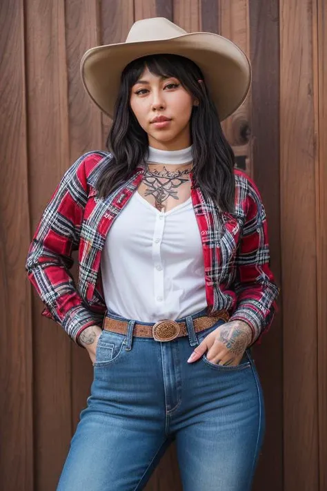 DEN_mia_bigcatmia,
(country beauty posing against a wooden fence with a plaid shirt and jeans and a cowboy hat, cow girl, country girl, cow girl:1.2),
bokeh, f1.4, 40mm, photorealistic, raw, 8k, textured skin, skin pores, intricate details <lora:epi_noiseoffset2:1>, epiCRealism <lora:ClothingAdjuster3:-1>