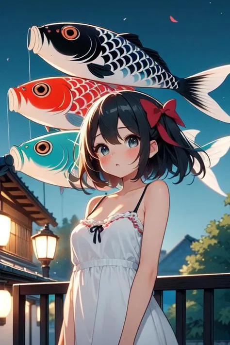 (((masterpiece))), (((best quality))), ((koinobori)), ((black carp)), ((red carp)), ((blue carp)), (carp streamer), flag pole, looking up, parted lips, floating hair, camisole, steps, slope, alley, balcony, sky, wind, tree, petals, greenery, lamppole, power pole, low house, japan building, summer festival, night, starry sky, solo, 1girl, hair bow, cleavage, big tits, shy, blush, slim figure, <lora:girllikekoinobori:0.9>
