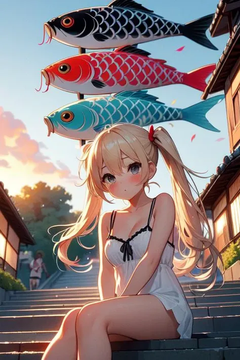 (((masterpiece))), (((best quality))), (((from below))), ((koinobori)), ((black carp)), ((red carp)), ((blue carp)), (carp streamer), (flag pole), looking up, parted lips, floating hair, camisole, walking, busy, street, alley, sky, wind, tree, petals, greenery, lamppole, power pole, low house, japan building, ((crowd)), ((vendors)), ((summer festival)), ((sunset)), sitting on stairs, solo, 1girl, blonde hair, twintails, cleavage, big tits, shy, blush, slim figure, <lora:girllikekoinobori:0.9>