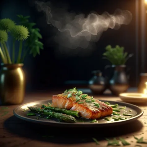 closeup, fried salmon filet with green asparagus, spring onions sprinked on top, highly stylized, 4k, unreal engine 5 render, food art, food photography, realistic render, smoke, mist, dramatic lighting, cinematic lighting, rule of thirds, depth of field, cinematic bloom, art by fodm4st3r <lyco:fodm4st3r:0.6>