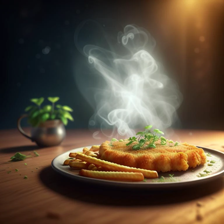 original flat Vienna schnitzel with curly breading, (fries on the side), (single slice) of lemon, highly stylized, 4k, unreal engine 5 render, food art, food photography, realistic render, smoke, mist, dramatic lighting, cinematic lighting, rule of thirds, depth of field, cinematic bloom, art by fodm4st3r <lyco:fodm4st3r:0.6>