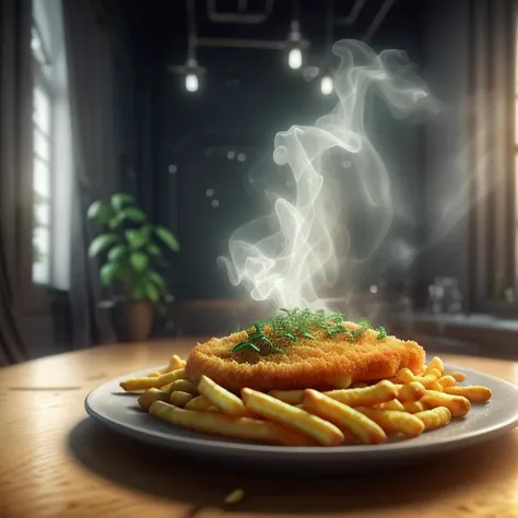 original flat Vienna schnitzel with curly breading, (fries on the side), (single slice) of lemon on top, highly stylized, 4k, unreal engine 5 render, food art, food photography, realistic render, smoke, mist, dramatic lighting, cinematic lighting, rule of thirds, depth of field, cinematic bloom, art by fodm4st3r  <lyco:fodm4st3r:0.6>