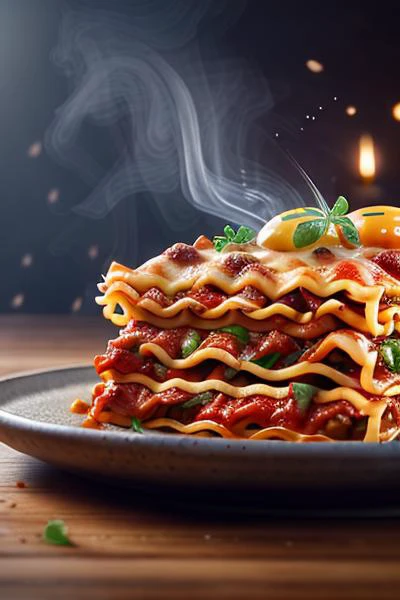 lasagna, highly stylized, 4k, unreal engine 5 render, food art, food photography, realistic render, smoke, mist, dramatic lighting, cinematic lighting, rule of thirds, depth of field, cinematic bloom, art by fodm4st3r <lyco:fodm4st3r:0.6>