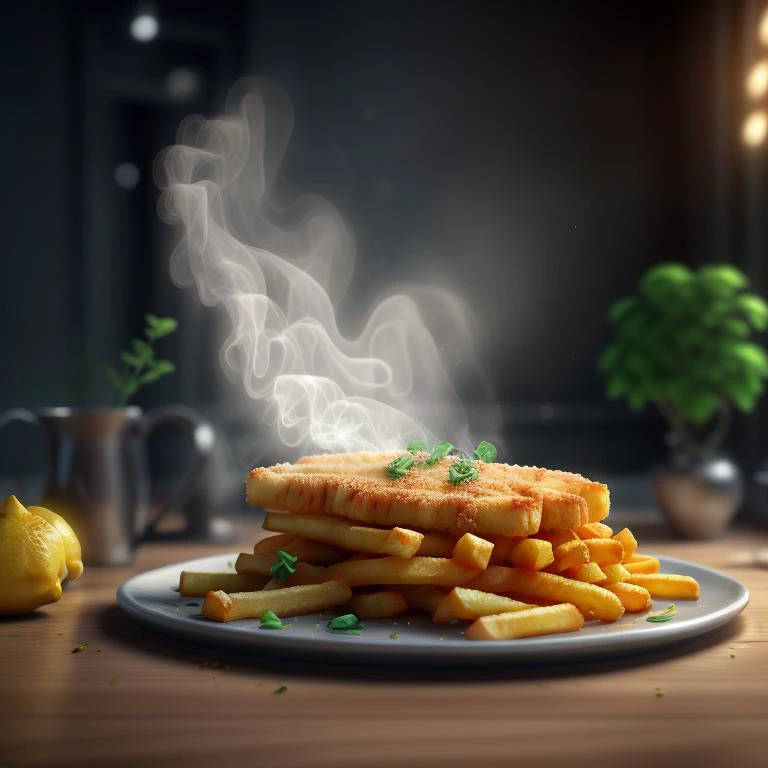 original flat Vienna schnitzel with curly breading, (fries on the side), (single slice) of lemon, highly stylized, 4k, unreal engine 5 render, food art, food photography, realistic render, smoke, mist, dramatic lighting, cinematic lighting, rule of thirds, depth of field, cinematic bloom, art by fodm4st3r  <lyco:fodm4st3r:0.6>