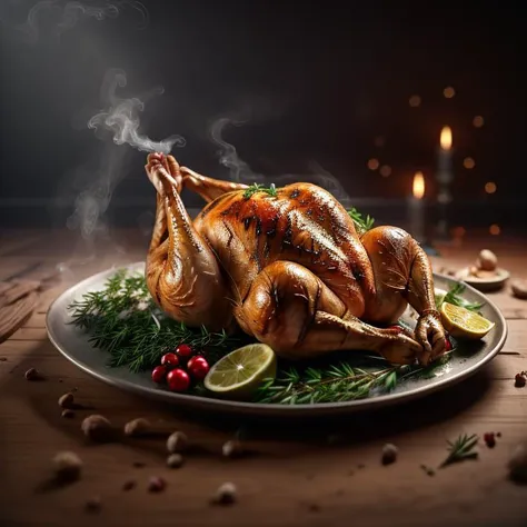 whole roasted chicken, highly stylized, 4k, unreal engine 5 render, food art, food photography, realistic render, smoke, mist, dramatic lighting, cinematic lighting, rule of thirds, depth of field, cinematic bloom, art by fodm4st3r <lyco:fodm4st3r:0.6>