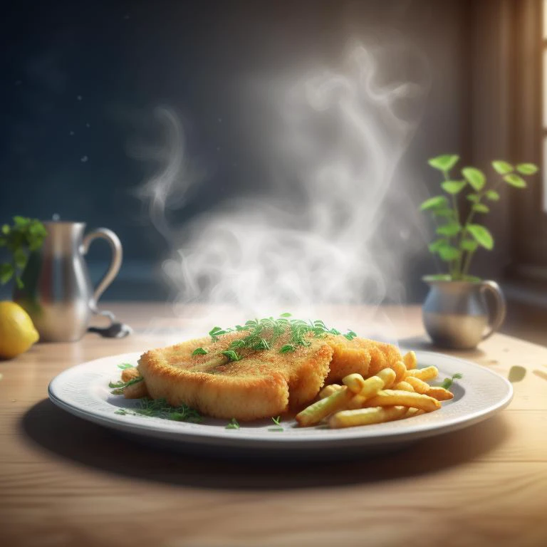 original flat Vienna schnitzel with curly breading, (fries on the side), (single slice) of lemon, highly stylized, 4k, unreal engine 5 render, food art, food photography, realistic render, smoke, mist, dramatic lighting, cinematic lighting, rule of thirds, depth of field, cinematic bloom, art by fodm4st3r  <lyco:fodm4st3r:0.6>