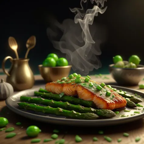 closeup, fried salmon filet with green asparagus, spring onions sprinked on top, highly stylized, 4k, unreal engine 5 render, food art, food photography, realistic render, smoke, mist, dramatic lighting, cinematic lighting, rule of thirds, depth of field, cinematic bloom, art by fodm4st3r <lyco:fodm4st3r:0.6>