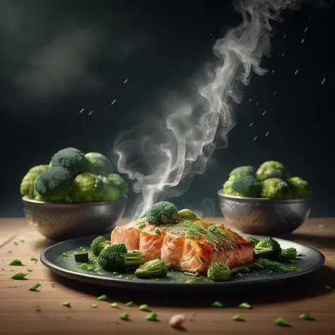 salmon filet with broccoli, sprinkled spring onions, fried, highly stylized, 4k, unreal engine 5 render, food art, food photography, realistic render, smoke, mist, dramatic lighting, cinematic lighting, rule of thirds, depth of field, cinematic bloom, art by fodm4st3r <lyco:fodm4st3r:0.6>