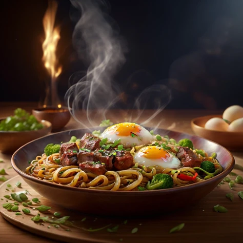 chinese noodles with beef and eggs, food art, realistic render, dramatic lighting masterpiece,  depth of field, best quality, intricate, (lens flare:0.7), (bloom:0.7),  tone mapped, highly detailed, <lora:fodm4st3r:0.6>,