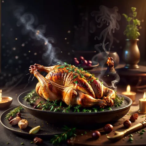 whole roasted chicken, mildly garnished, highly stylized, 4k, unreal engine 5 render, food art, food photography, realistic render, smoke, mist, dramatic lighting, cinematic lighting, rule of thirds, depth of field, cinematic bloom, <lyco:fodm4st3r:0.6>