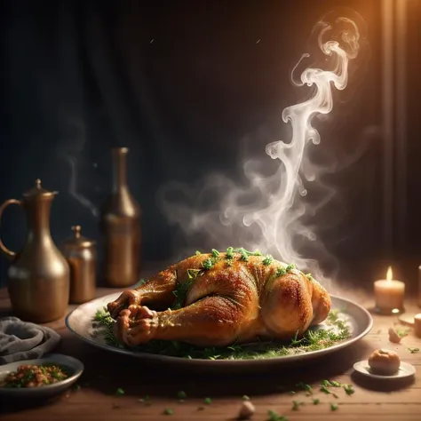 whole fried chicken, highly stylized, 4k, unreal engine 5 render, food art, food photography, realistic render, smoke, mist, dramatic lighting, cinematic lighting, rule of thirds, depth of field, cinematic bloom, art by fodm4st3r <lyco:fodm4st3r:0.6>