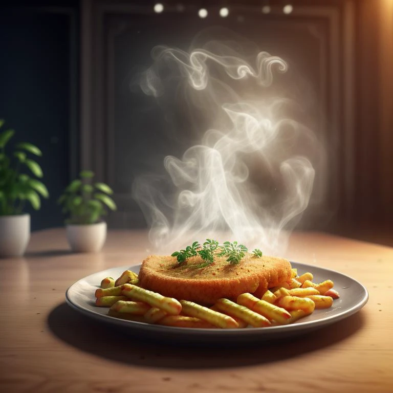 original flat Vienna schnitzel with curly breading, (fries on the side), (single slice) of lemon, highly stylized, 4k, unreal engine 5 render, food art, food photography, realistic render, smoke, mist, dramatic lighting, cinematic lighting, rule of thirds, depth of field, cinematic bloom, art by fodm4st3r  <lyco:fodm4st3r:0.6>