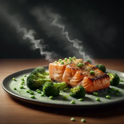 salmon filet with broccoli, sprinkled spring onions, fried, highly stylized, 4k, unreal engine 5 render, food art, food photography, realistic render, smoke, mist, dramatic lighting, cinematic lighting, rule of thirds, depth of field, cinematic bloom, art by fodm4st3r <lyco:fodm4st3r:0.6>