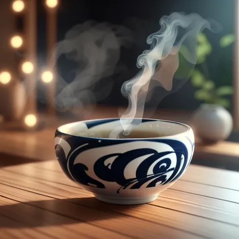 a steaming bowl of (Miso soup), (clear soup), traditional japanese (blue and white ceramic bowl), ((a wooden spoon lying on the table next to the bowl)), highly stylized, 4k, unreal engine 5 render, food art, food photography, realistic render, smoke, mist, dramatic lighting, cinematic lighting, rule of thirds, depth of field, cinematic bloom, art by fodm4st3r  <lyco:fodm4st3r:0.6>