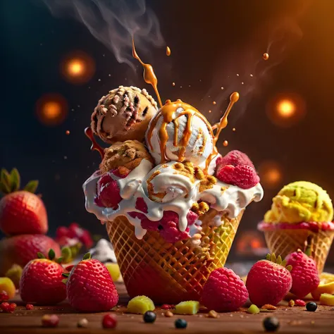 icecream with mixed fruit, food art, realistic render, dramatic lighting masterpiece,  depth of field, best quality, intricate, (lens flare:0.7), (bloom:0.7),  tone mapped, highly detailed, <lora:fodm4st3r:0.6>,