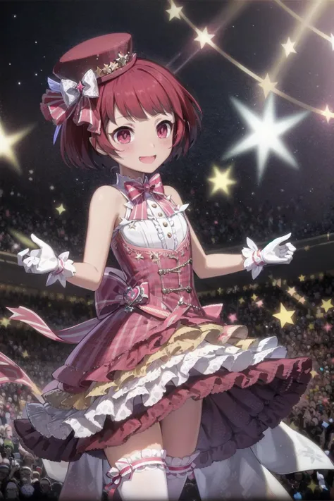 absurdres, high detail, uhd, stage, concert hall, magical light, shooting star,
standing, smile,
jigita, red hair, short hair, star \(symbol\), magical girl, cake hat, decorations, hair bow, pink dress, sleeveless, bare shoulders, bowtie, white gloves, layered skirt, red skirt, frills, white thighhighs, ribbon trim
<lora:gomaotsu-jigita(Digitalis)v2-t2-000080:0.8>