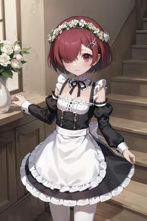 absurdres, high detail, weatern house, lobby, stairs, chandelier,
standing, expressionless,
jigita, red hair, short hair, maid, head wreath, white flower, hair ribbon, x hair ornament, hair over one eye, maid dress, frills, neck ribbon, bare shoulders, flat chest, cleavage, detached sleeves, frilled sleeves, pantyhose, waist apron, white pantyhose
<lora:gomaotsu-jigita(Digitalis)v2-t2-000080:0.7>