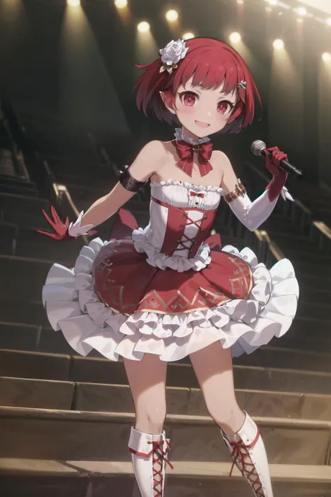 absurdres, high detail, uhd, stage, concert hall, beam light, audience,
standing, smile,
jigita, red hair, short hair, hair flower, rose, choker, criss-cross halter, frilled dress, white dress, bowtie, red bow, bare shoulders, armlet, elbow gloves, white gloves, frilled skirt, layered skirt, red skirt, knee boots, cross-laced footwear, white footwear
<lora:gomaotsu-jigita(Digitalis)v2-t2-000080:0.8>