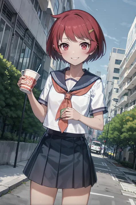 absurdres, high detail, uhd, city, street,
standing, smile, holding cup, buubble tea,
jigita, red hair, short hair, serafuku, hairclip, blue sailor collar, white shirt, short sleeves, orange neckerchief, pleated skirt, blue skirt
<lora:gomaotsu-jigita(Digitalis)v2-t2-000080:0.7>