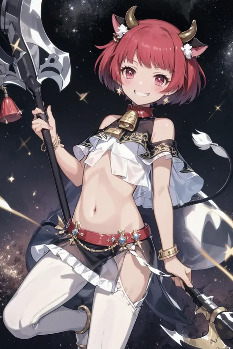 absurdres, high detail, uhd, space, galaxy, saturn, europian shrine,
standing, light smile, smug face, holding axe, huge weapon,
jigita, fake animal ears, cow ears, cow horns, hair ornament, star \(symbol\), beads, earrings, white shirt, frilled shirt, flat chest, frilled capelet, sleeveless, halterneck, neck bell, cowbell, bare shoulders, crop top, jewelry, navel, bracelet, cow tail, white pants, see-through sarong
<lora:gomaotsu-jigita(Digitalis)v2-t1:0.7>