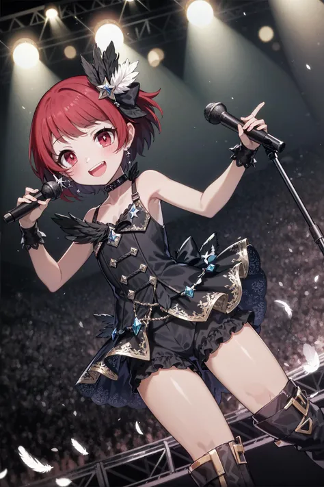 absurdres, high detail, uhd, concert stage, spot light, explosion,
standing, holding mic stand, arm up, smile, open mouth,
jigita, red hair, short hair, hair ornament, hair bow, choker, gem, black dress, sleeveless, bare shoulders, feathers, collarbone, frilled skirt, black skirt, short shorts, knee boots
<lora:gomaotsu-jigita(Digitalis)v2-t2:0.7>