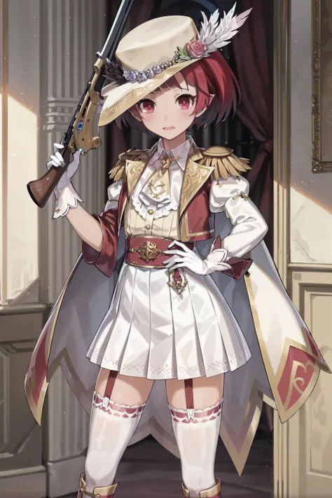 absurdres, high detail, uhd, indoors, picture frame,
standing, holding rifle, musket, serious,
solo, jigita, red hair, short hair, red headwear, wide brim, hat feather, hat flower, white rose, white shirt, ascot, brooch, gem, necktie, red jacket, open jacket, cropped jacket, epaulettes, juliet sleeves, white cape, white gloves, pleated skirt, white skirt, sash, garter straps, brown thighhighs, knee boots, red boots, gold trim
<lora:gomaotsu-jigita(Digitalis)v2-t2-000080:0.9>