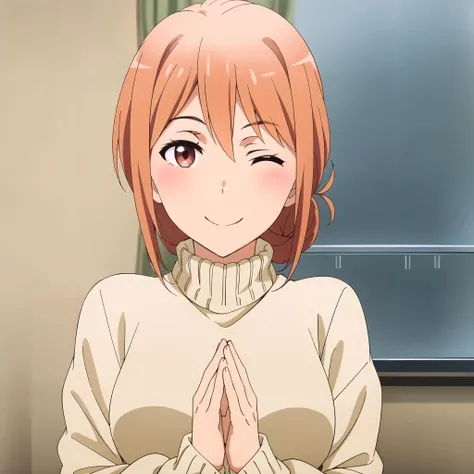 <lora:gahamama:0.8> gahamama, 1girl, solo, looking at viewer, blush, smile, closed mouth, upper body, one eye closed, indoors, sweater, turtleneck, own hands together, ;\), mature female