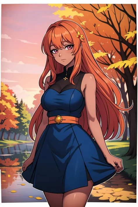 <lora:coconut:0.6>,(outline),border,(inzaniak:1.2),looking_at_animal,reflective_water,multicolored_hair,1girl,dark-skinned_female,dress,sky,solo,dark_skin,flower,blue_dress,orange_hair,long_hair,nature,autumn_leaves,pink_sky